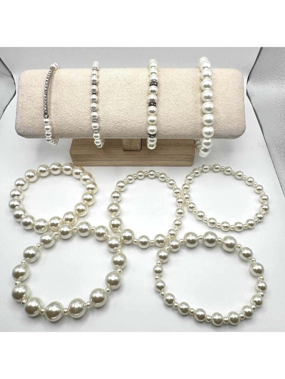 Faux Pearl Bracelet Lot 11 Pc Stackable Rhinestone Stretch Bridal Jewelry